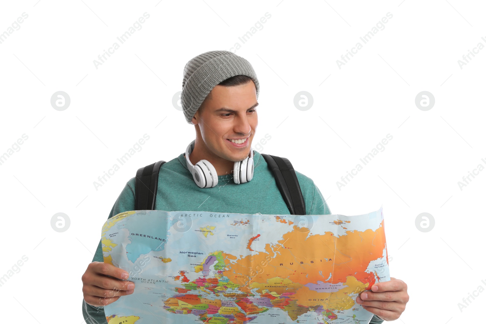 Photo of Man with map on white background. Autumn travel