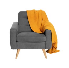 Photo of One grey armchair with blanket isolated on white