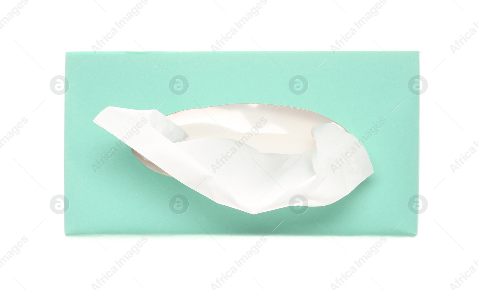 Photo of Box with paper tissues isolated on white, top view