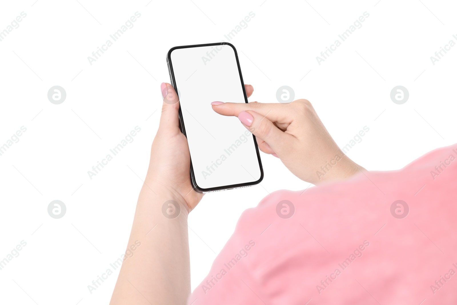 Photo of Woman using smartphone with blank screen on white background, closeup. Mockup for design