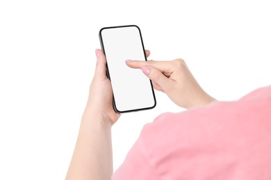 Woman using smartphone with blank screen on white background, closeup. Mockup for design