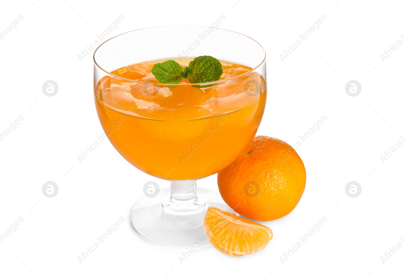 Photo of Delicious tangerine jelly with mint on white background