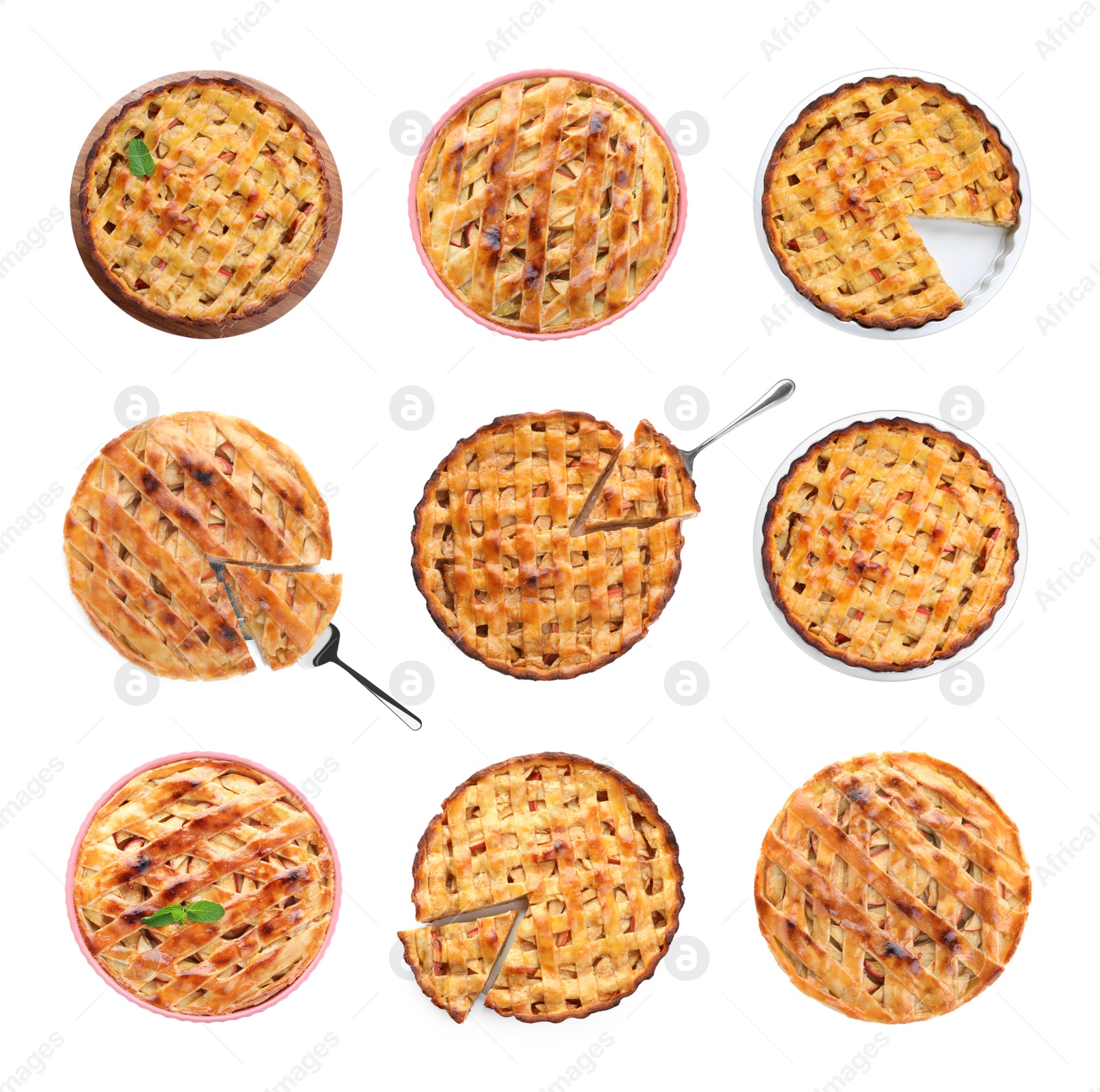 Image of Set of traditional apple pies on white background, top view