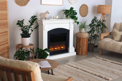 Beautiful living room interior with fireplace, green houseplants and comfortable sofa