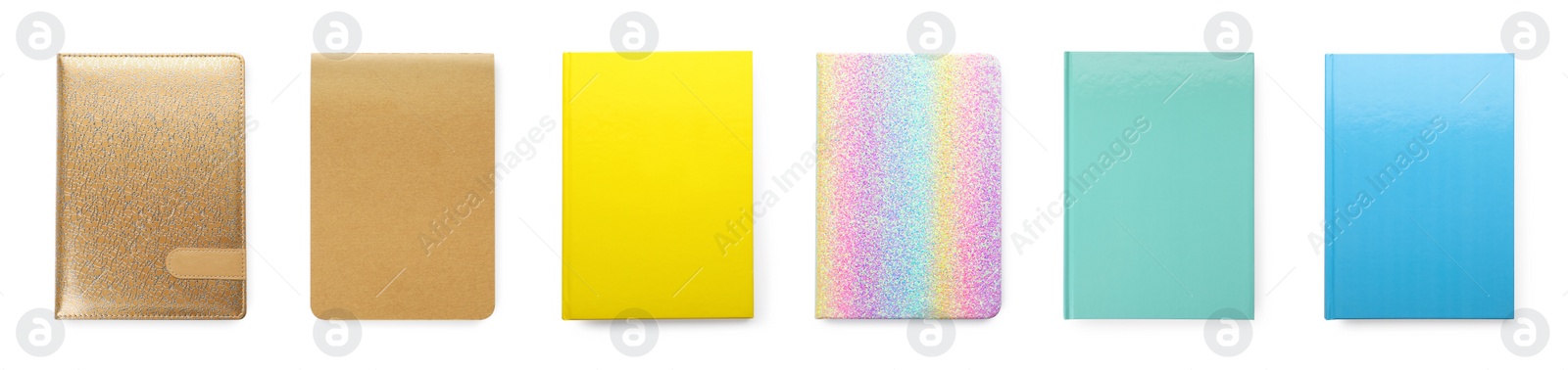 Image of Set with different stylish planners on white background, top view. Banner design