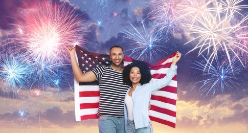 4th of July - Independence day of America. Happy couple holding national flag of United States against sky with fireworks, banner design