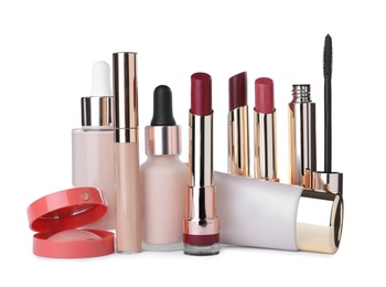 Photo of Different luxury cosmetic products on white background