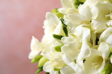 Photo of Beautiful freesia flowers on light pink background, closeup