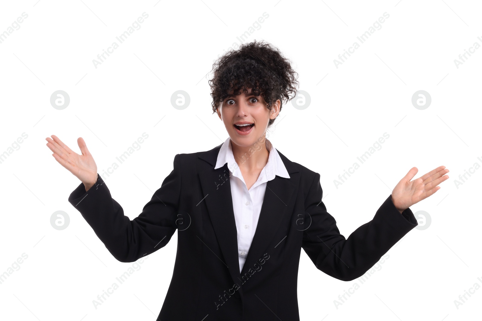 Photo of Beautiful emotional businesswoman in suit on white background