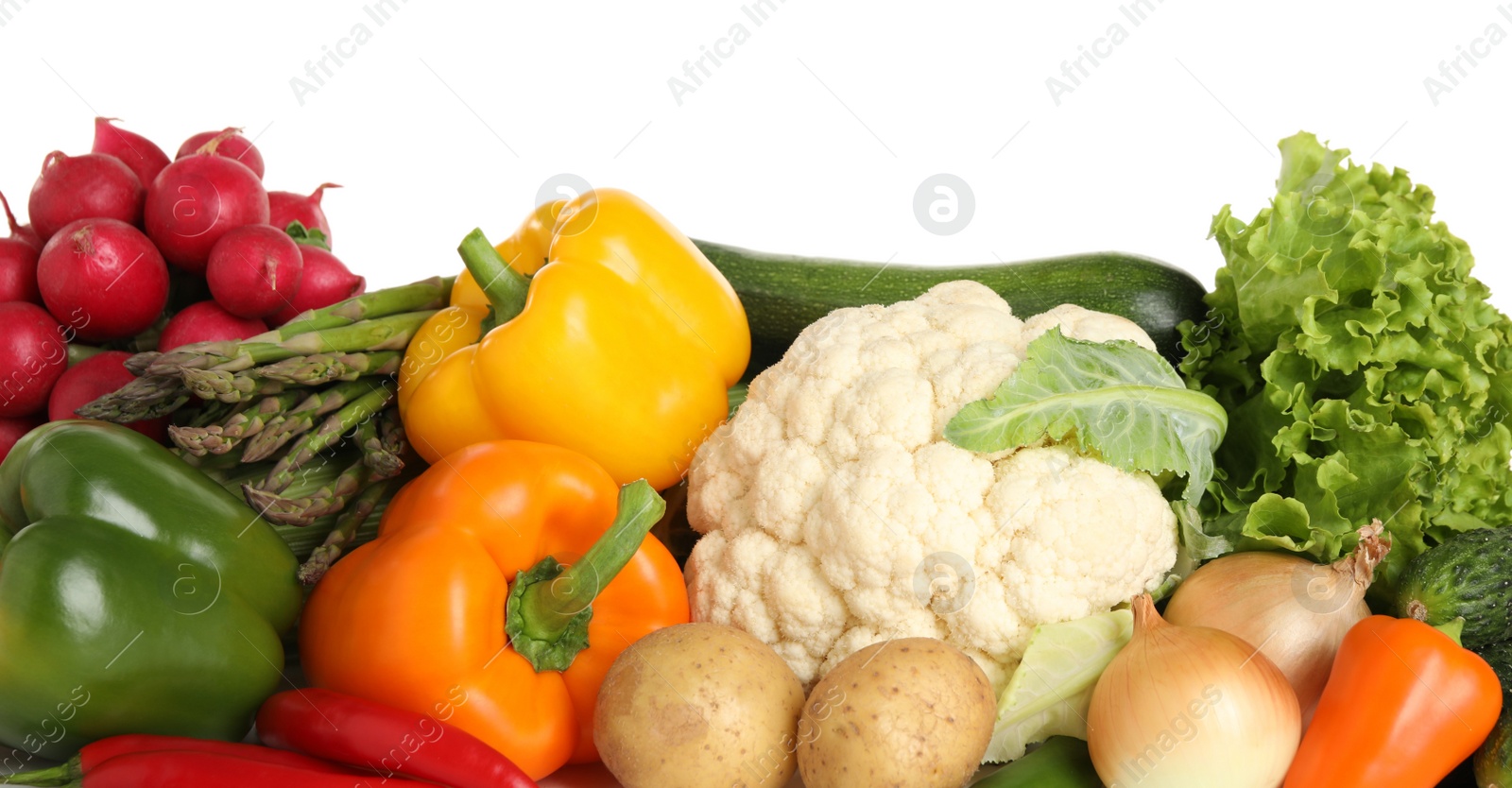 Photo of Pile of different fresh vegetables on white background