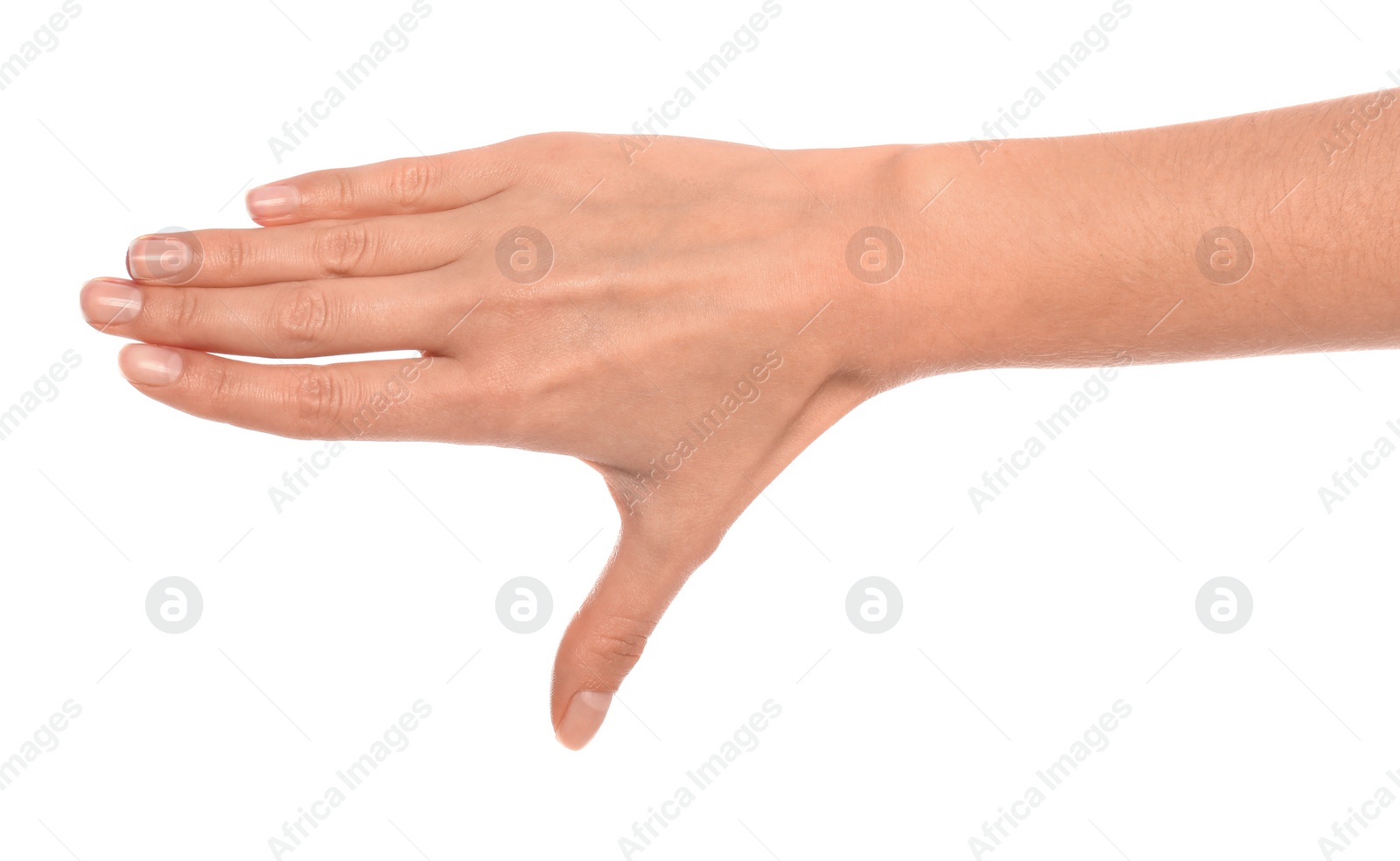 Photo of Woman making frame with hand on white background, closeup