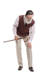 Photo of Senior man with walking cane suffering from knee pain on white background