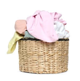 Wicker laundry basket with clean colorful clothes isolated on white