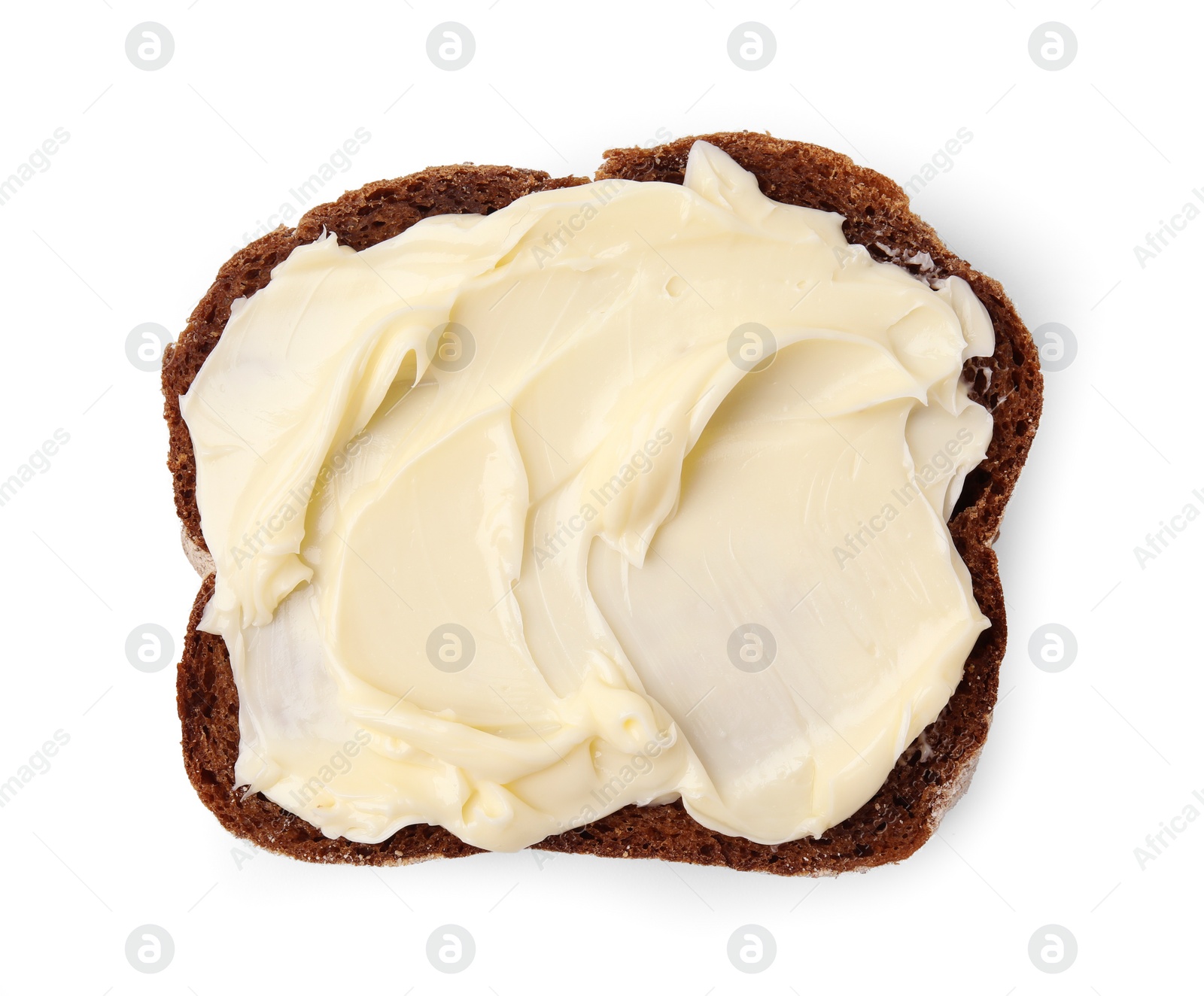 Photo of Slice of tasty bread with butter isolated on white, top view