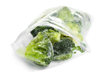 Photo of Frozen broccoli in plastic bag isolated on white. Vegetable preservation