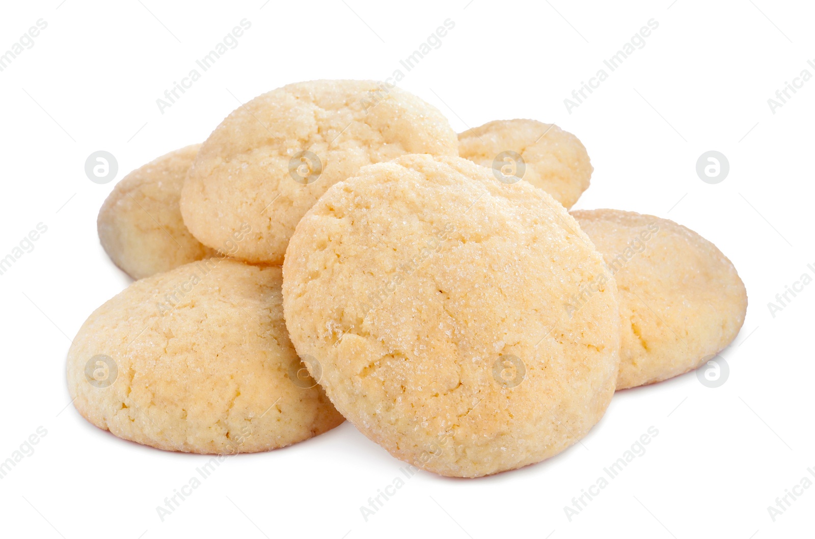 Photo of Many tasty sugar cookies isolated on white