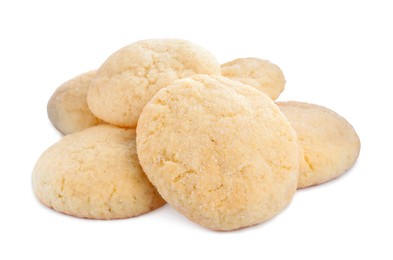 Photo of Many tasty sugar cookies isolated on white