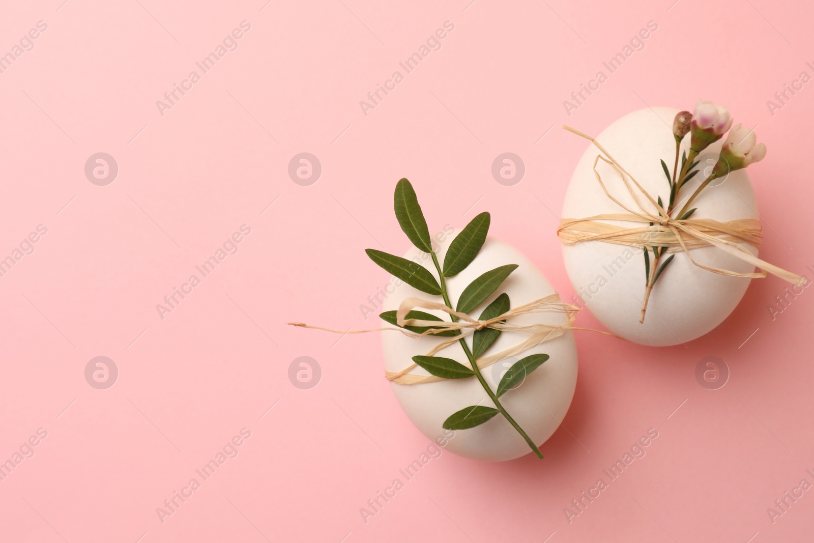 Photo of Chicken eggs and natural decor on pink background, flat lay with space for text. Happy Easter