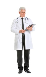 Photo of Full length portrait of male doctor with clipboard isolated on white. Medical staff