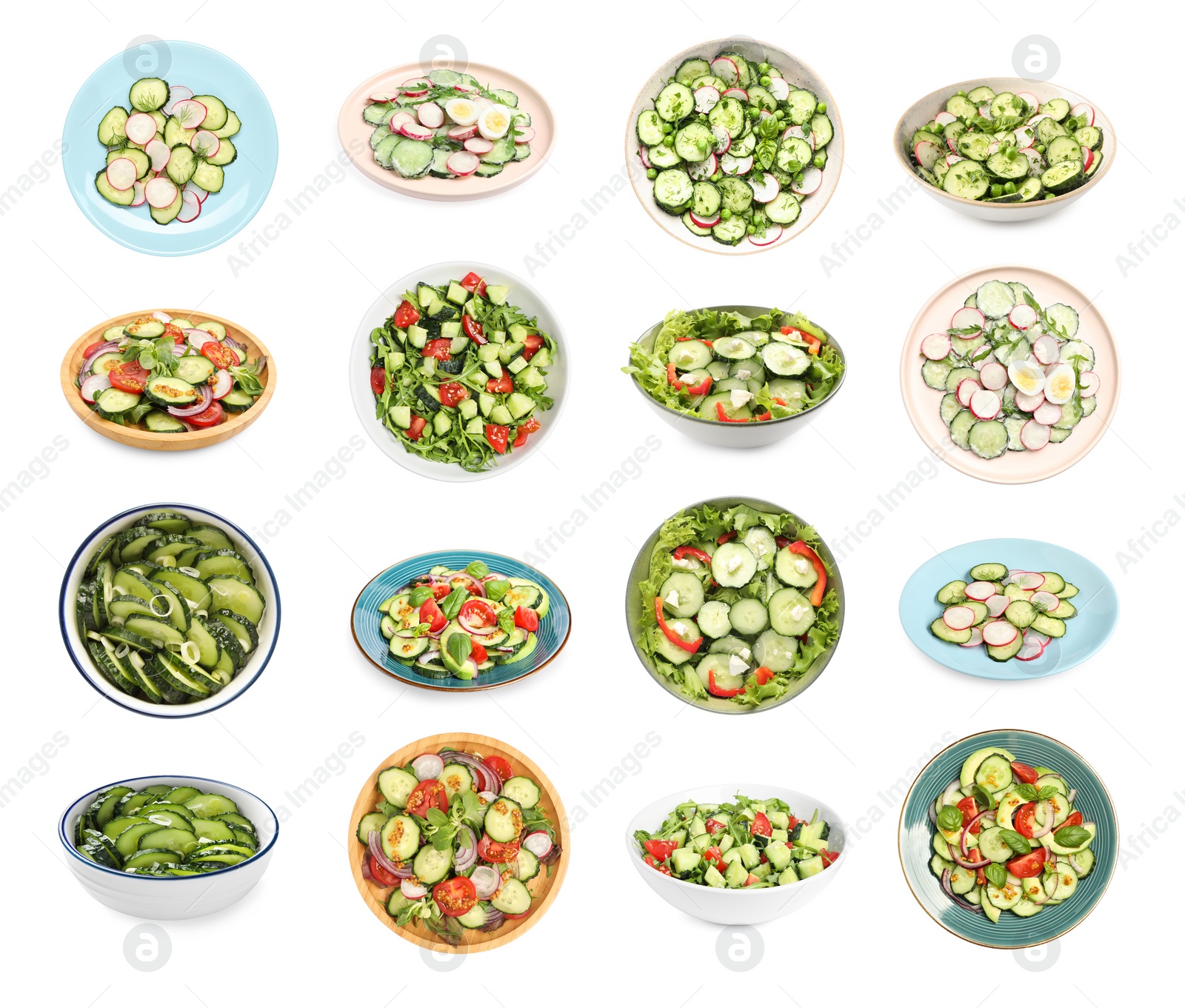 Image of Set of delicious salad with cucumbers and different ingredients on white background