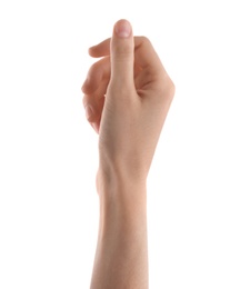 Photo of Woman holding something on white background, closeup of hand