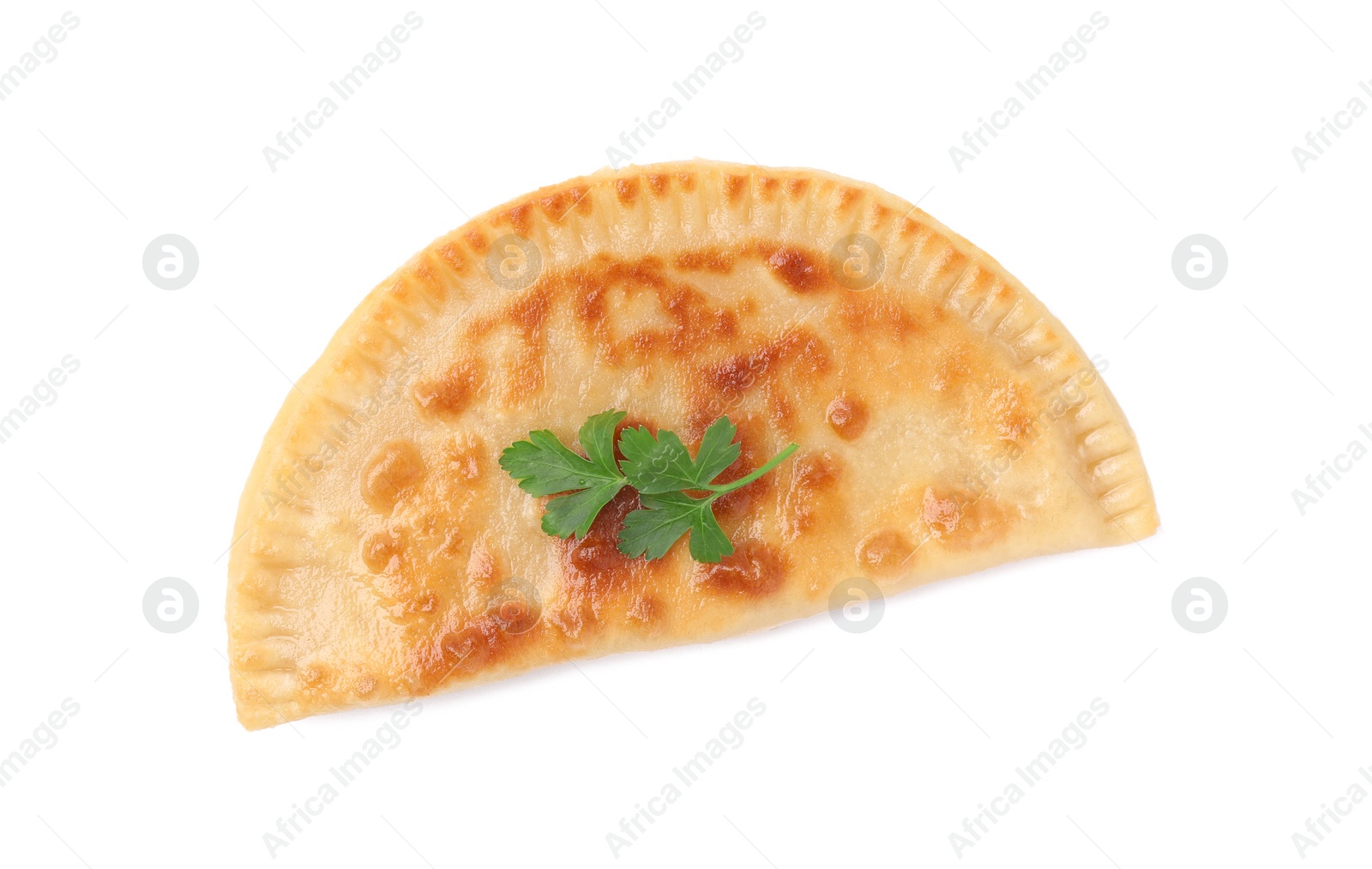 Photo of Delicious fried cheburek with cheese and parsley isolated on white, top view