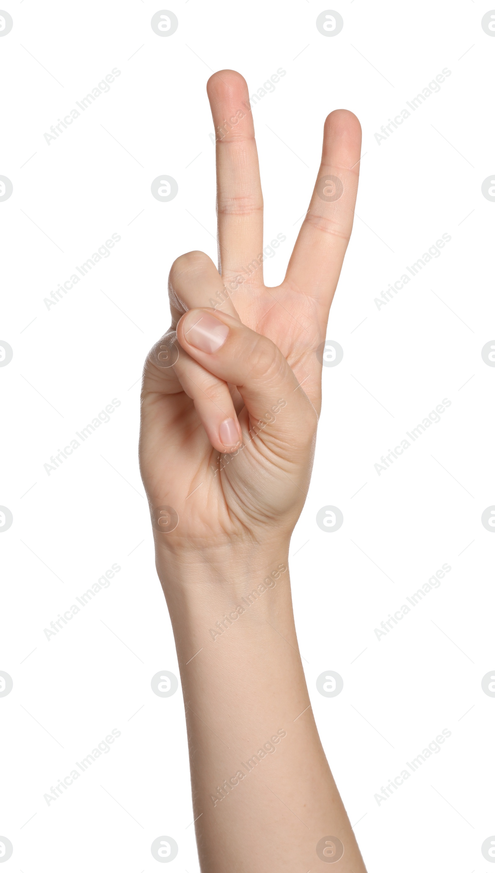 Photo of Woman showing peace gesture on white background, closeup of hand