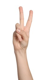 Photo of Woman showing peace gesture on white background, closeup of hand