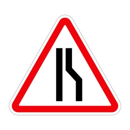 Traffic sign ROAD NARROWS ON RIGHT on white background, illustration 