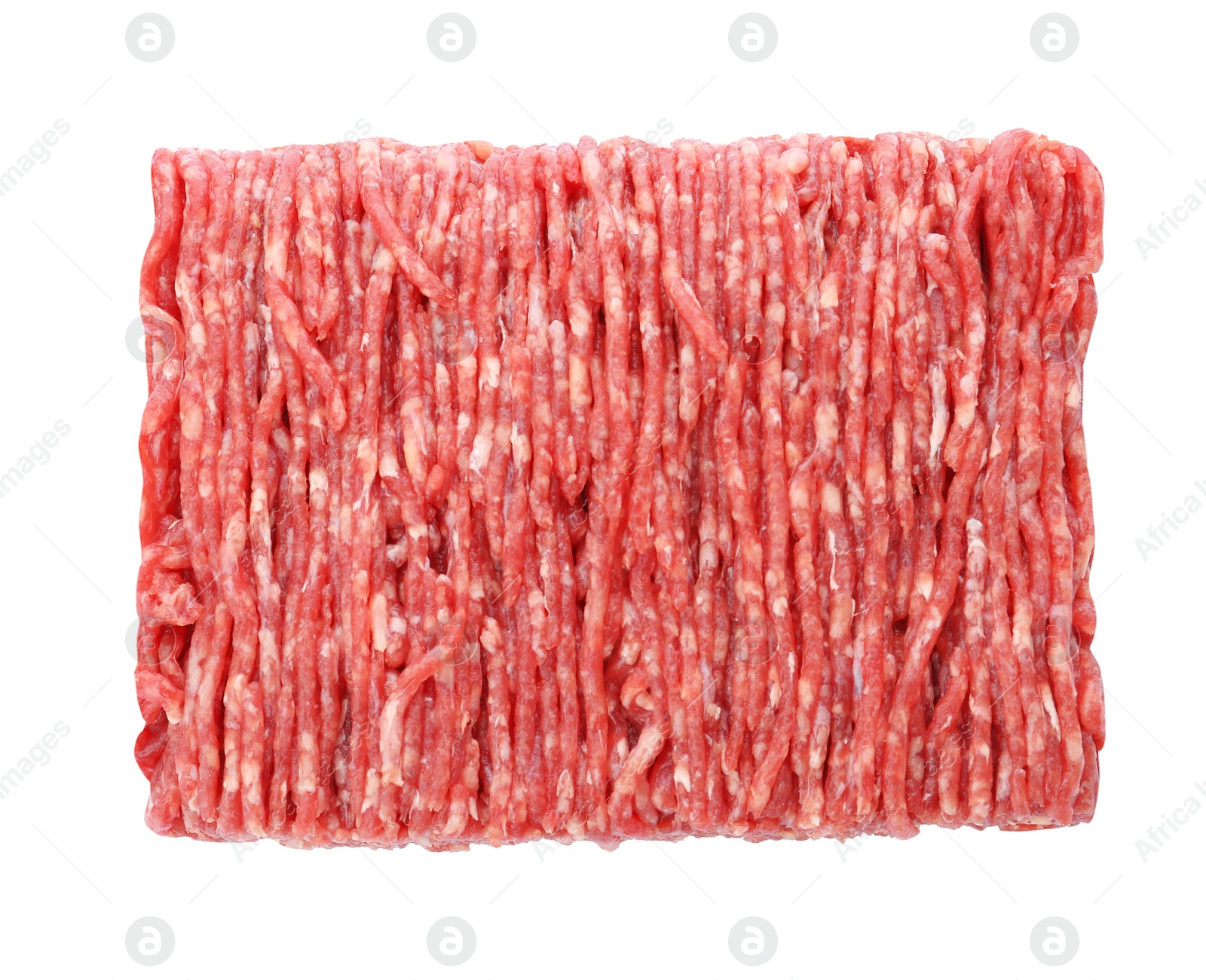 Photo of Fresh raw minced meat on white background, top view