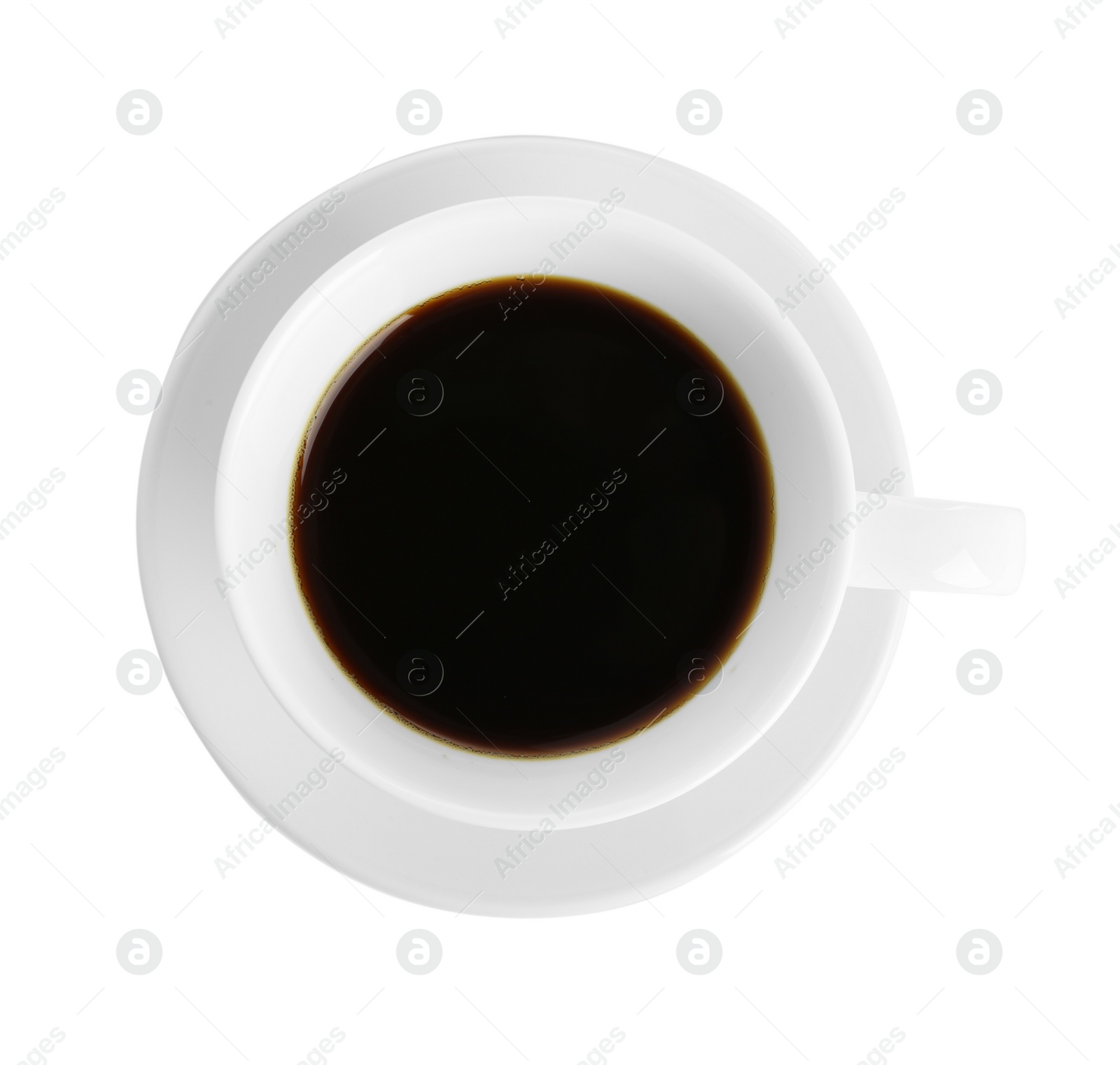 Photo of Cup of tasty coffee isolated on white, top view