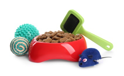 Different pet food and accessories isolated on white. Shop assortment