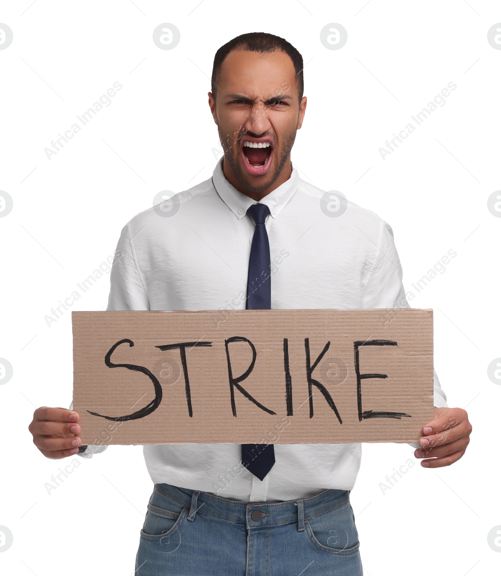 Photo of Angry man holding cardboard banner with word Strike on white background