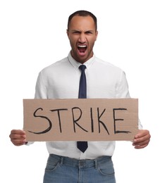Angry man holding cardboard banner with word Strike on white background