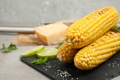 Delicious grilled corn cobs on grey table. Space for text