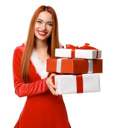 Young woman in red dress with Christmas gifts on white background