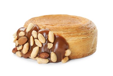 Photo of Round croissant with chocolate paste and nuts isolated on white. Tasty puff pastry