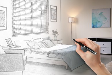 Image of Woman drawing sketch of stylish bedroom interior, closeup. Combination of photo and sketch