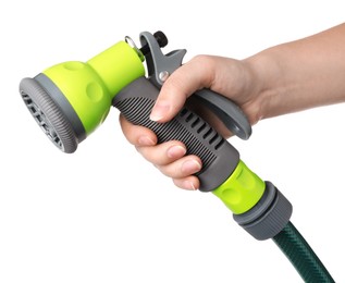 Woman holding watering hose with sprinkler on white background, closeup