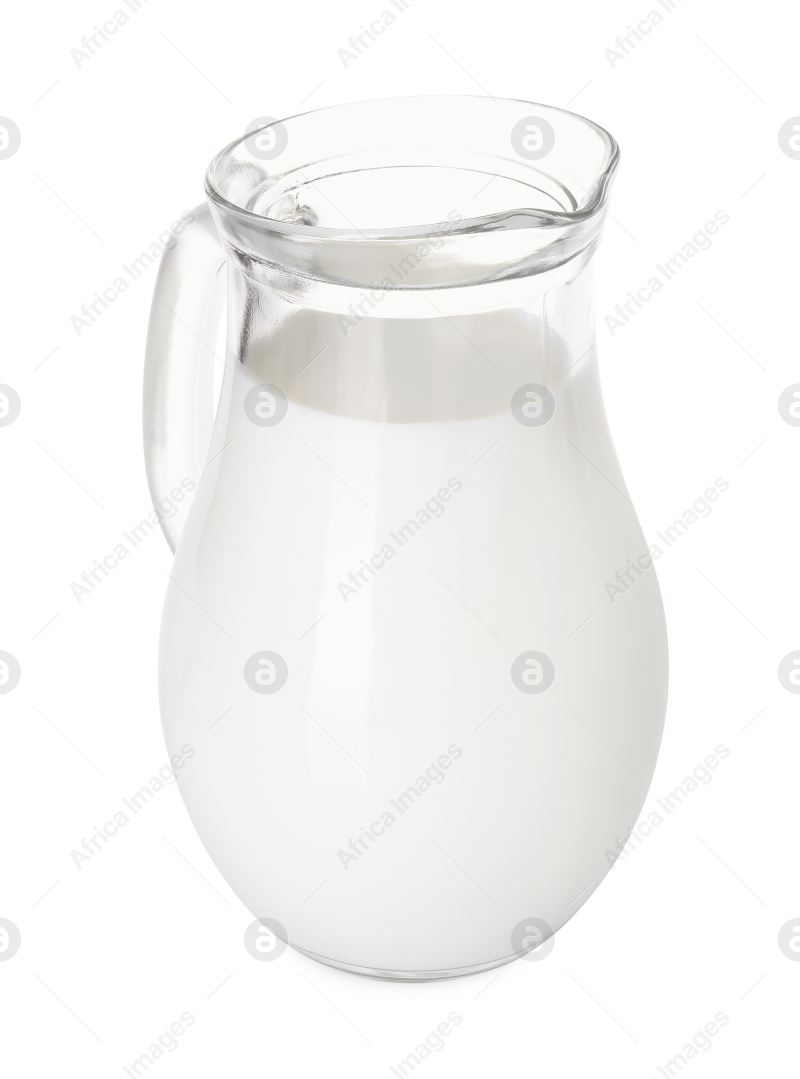 Photo of Glass jug of fresh milk isolated on white