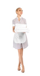 Young chambermaid with stack of clean towels on white background