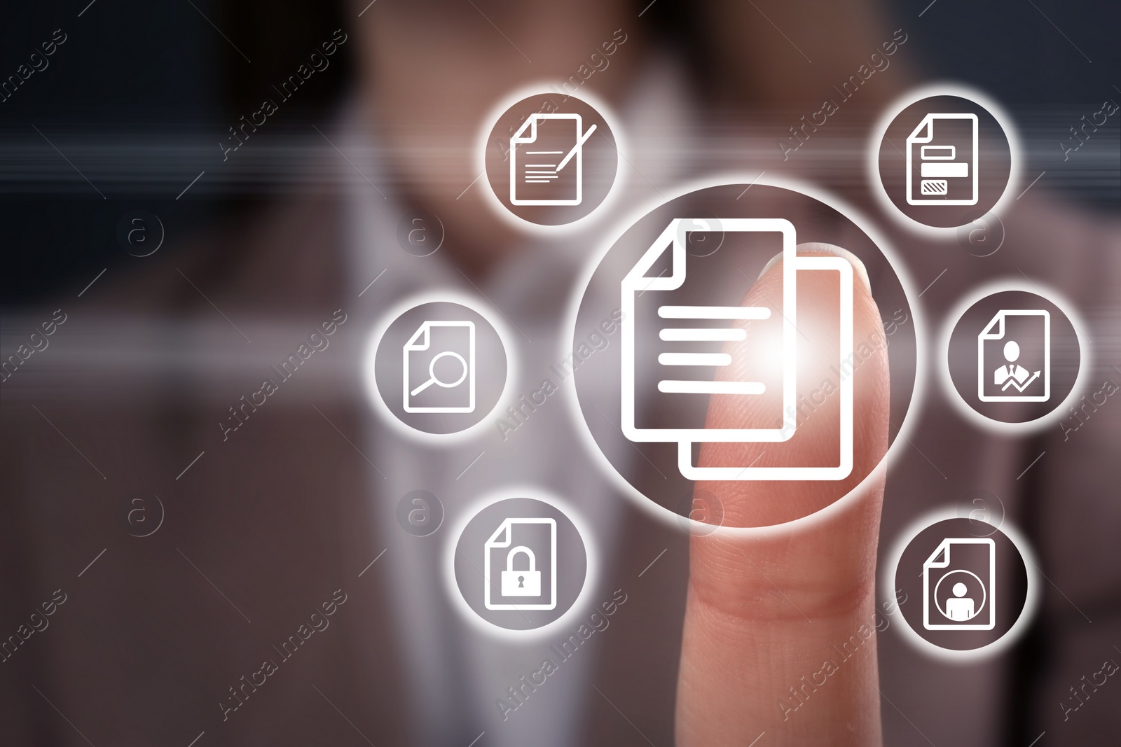 Image of Woman pointing at document icon on virtual screen, closeup