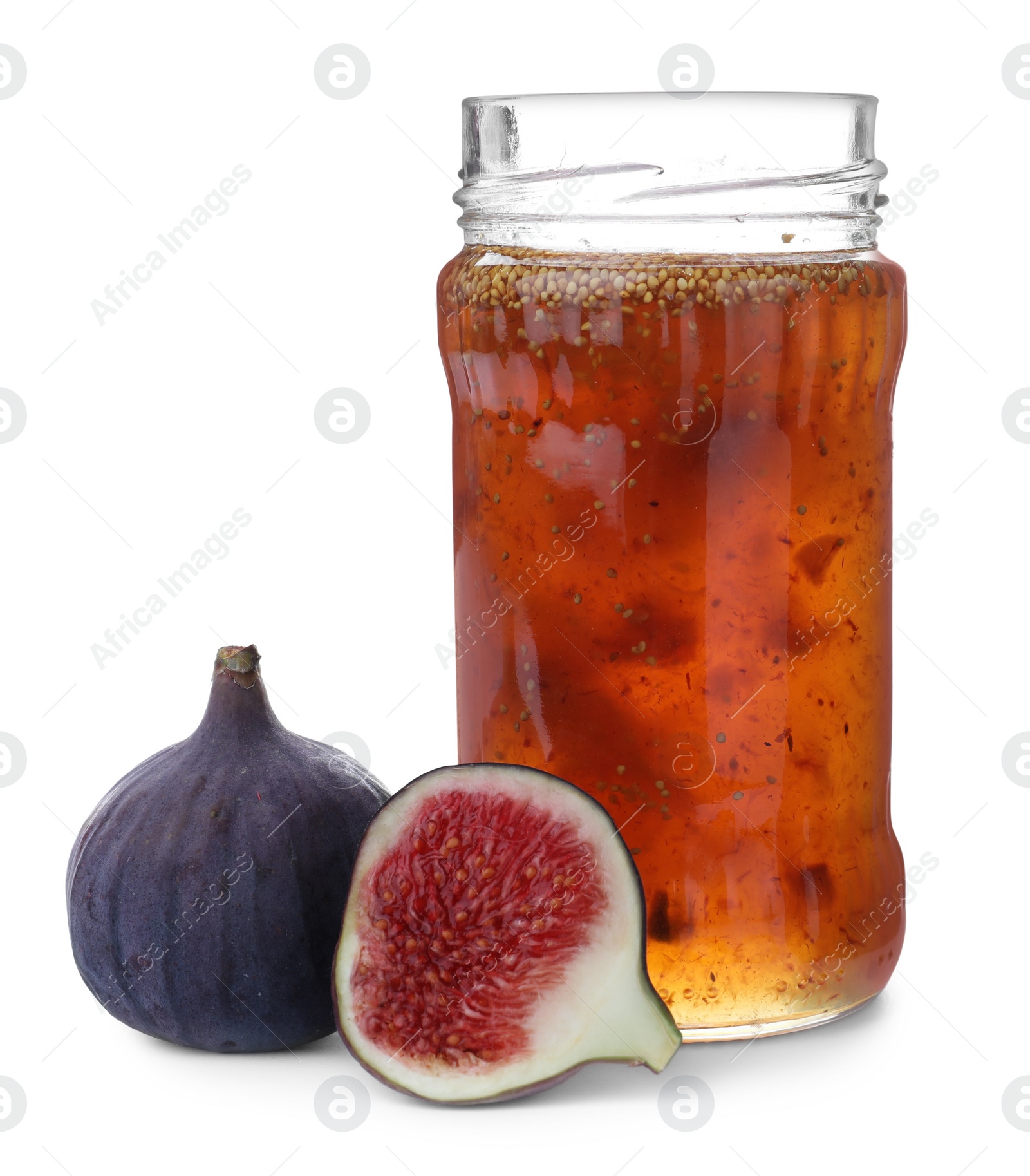 Photo of Homemade delicious fig jam and fresh fruits on white background