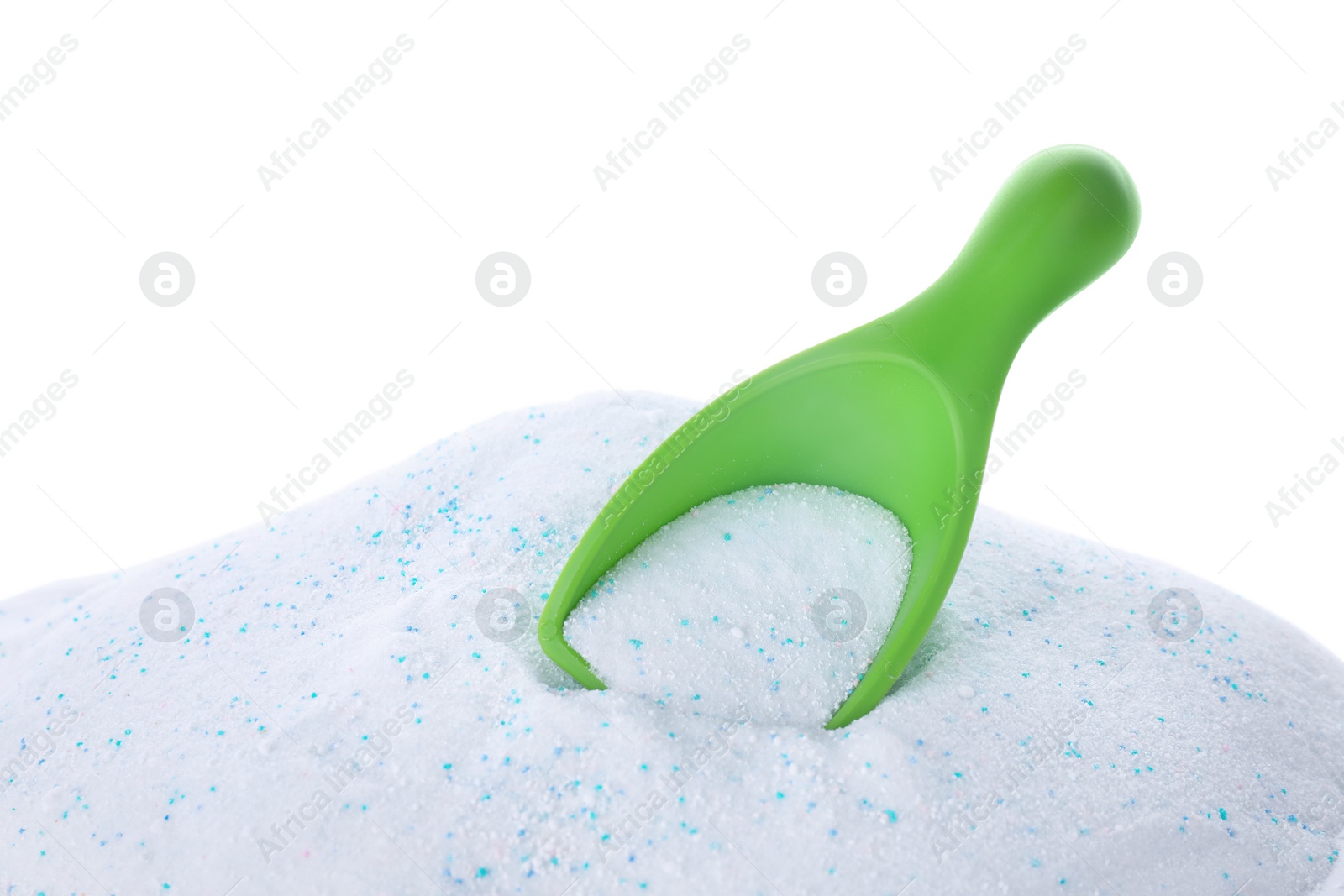 Photo of Measuring scoop with laundry powder on white background