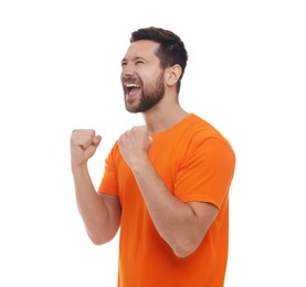 Photo of Emotional sports fan celebrating on white background