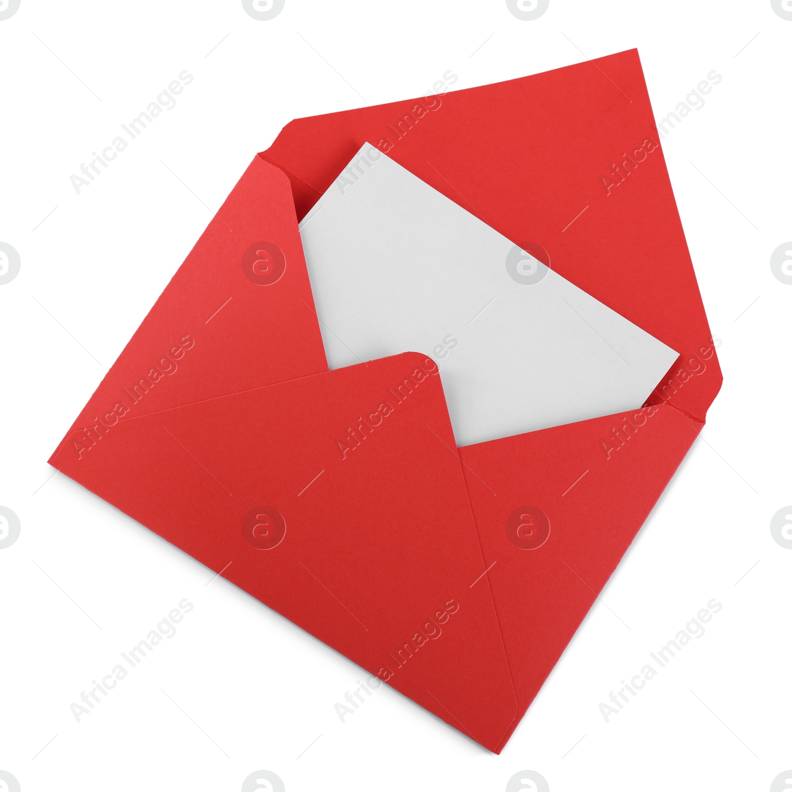 Photo of Red letter envelope with card isolated on white, top view