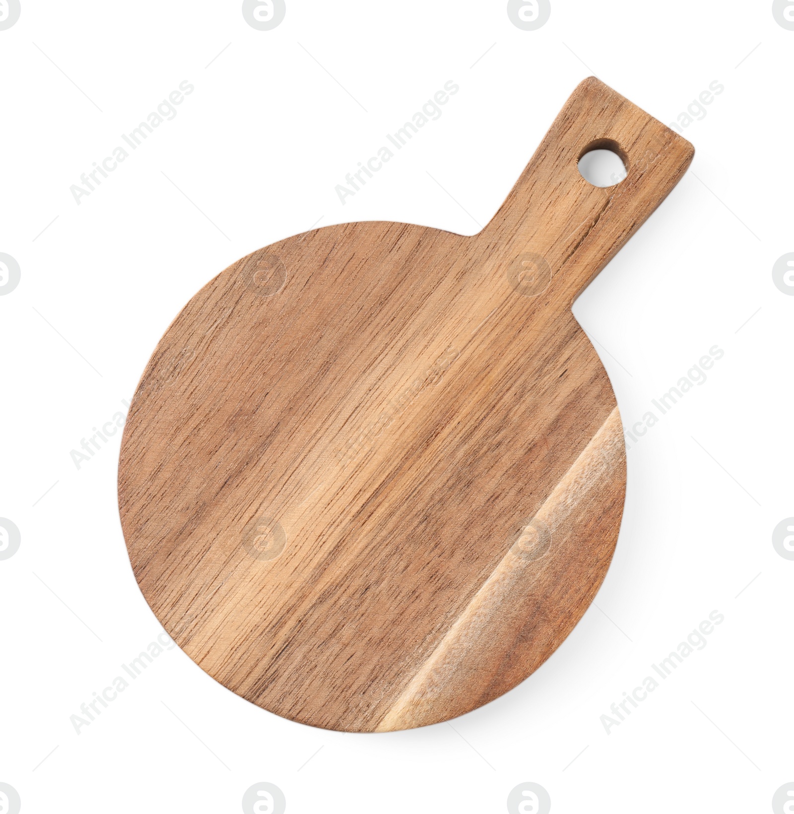 Photo of One wooden cutting board isolated on white, top view