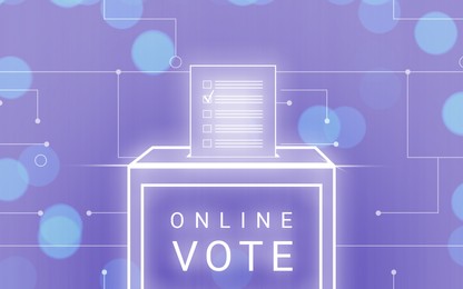 Illustration of  box with ballot on color background. Electronic voting