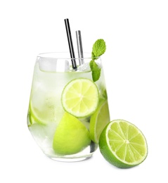 Photo of Glass of delicious mojito and lime on white background
