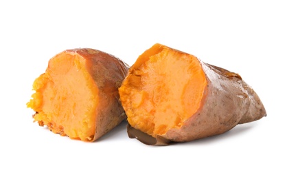 Delicious baked sweet potato on white background